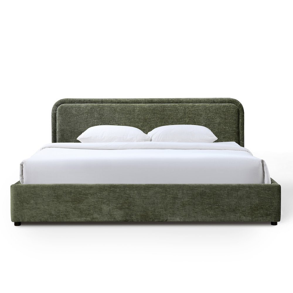 Chloe Upholstered Platform King Bed in Moss Green Fabric