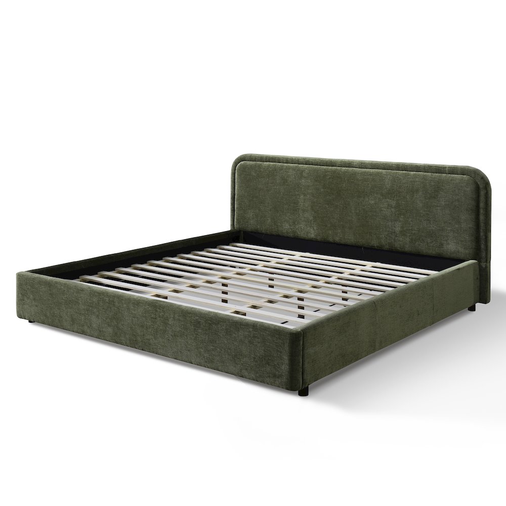 Chloe Upholstered Platform King Bed in Moss Green Fabric