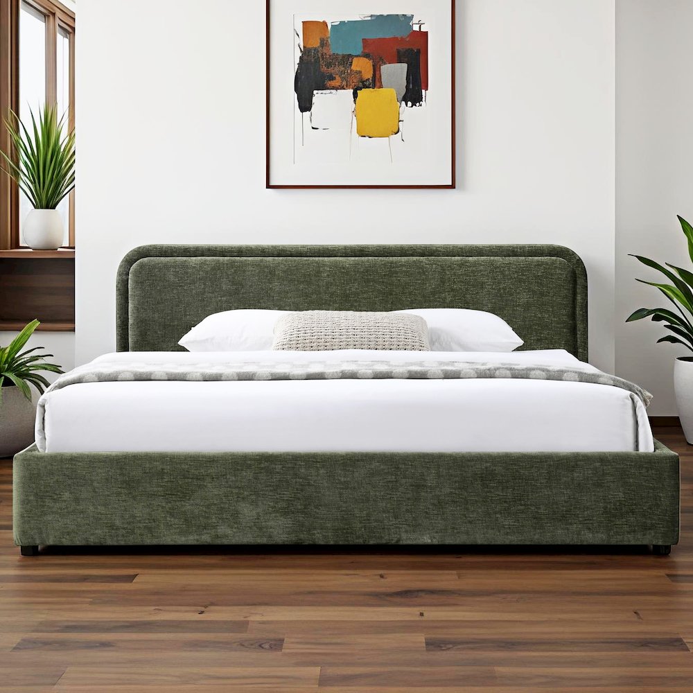 Chloe Upholstered Platform King Bed in Moss Green Fabric