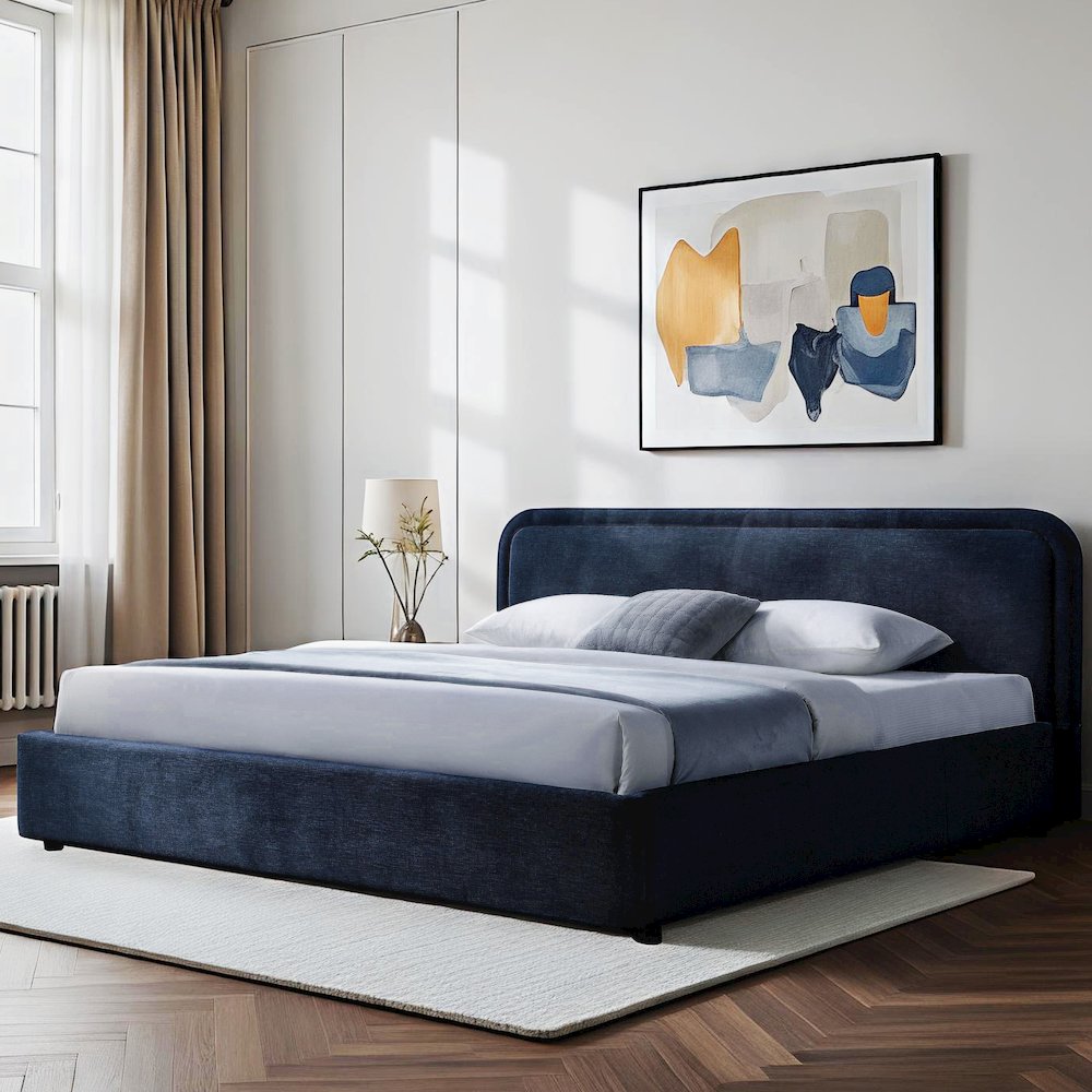 Chloe Upholstered Platform King Bed in Blue Fabric