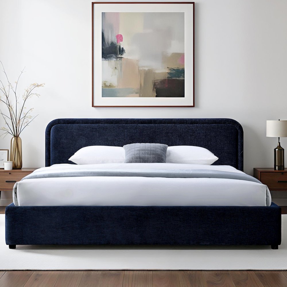 Chloe Upholstered Platform King Bed in Blue Fabric