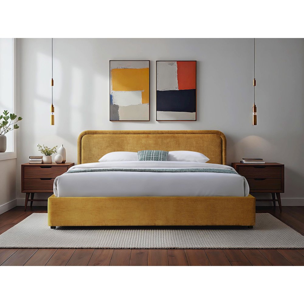 Chloe Upholstered Platform King Bed in Gold Fabric