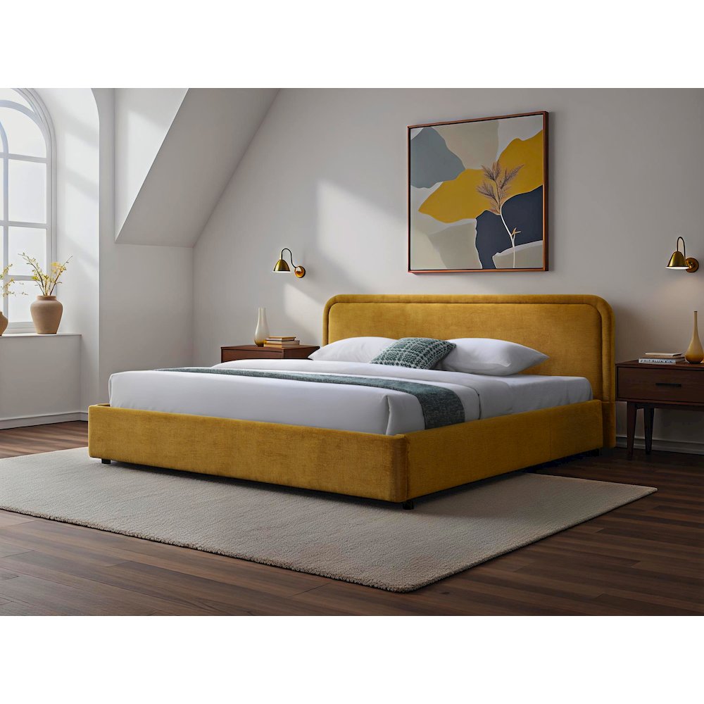 Chloe Upholstered Platform King Bed in Gold Fabric