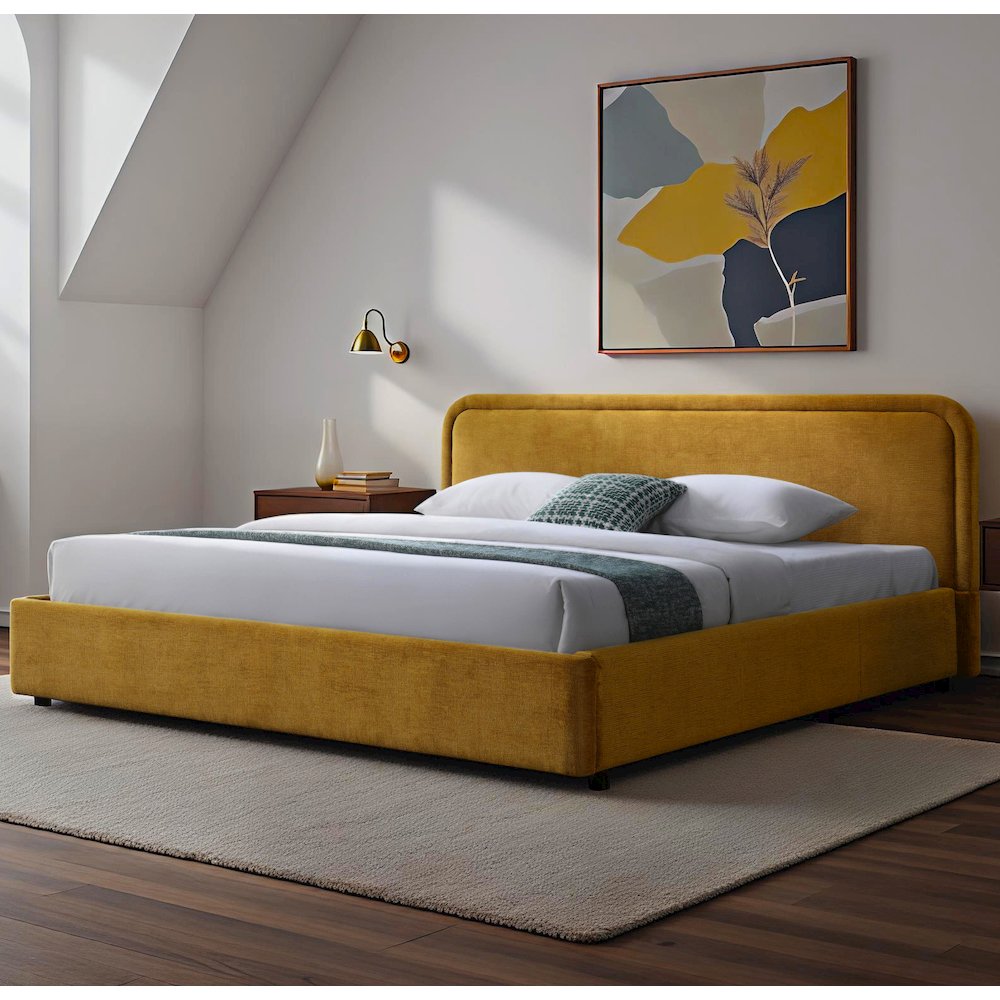 Chloe Upholstered Platform King Bed in Gold Fabric