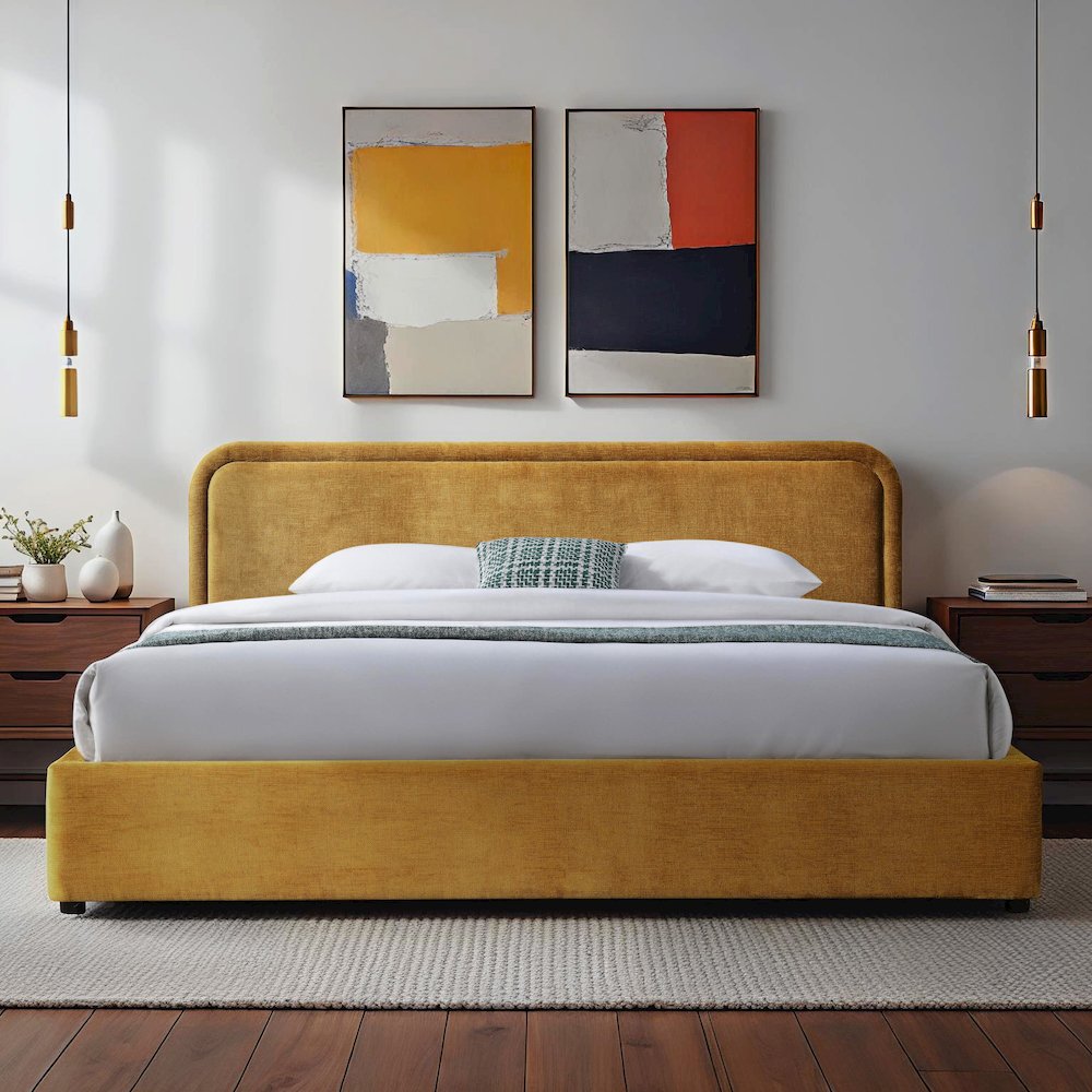 Chloe Upholstered Platform King Bed in Gold Fabric
