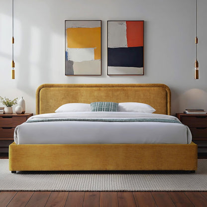 Chloe Upholstered Platform King Bed in Gold Fabric