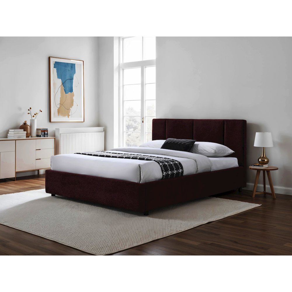 Venice Upholstered Platform Queen Bed in Burgundy Fabric