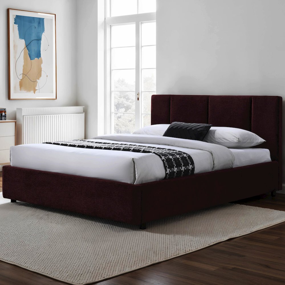 Venice Upholstered Platform Queen Bed in Burgundy Fabric