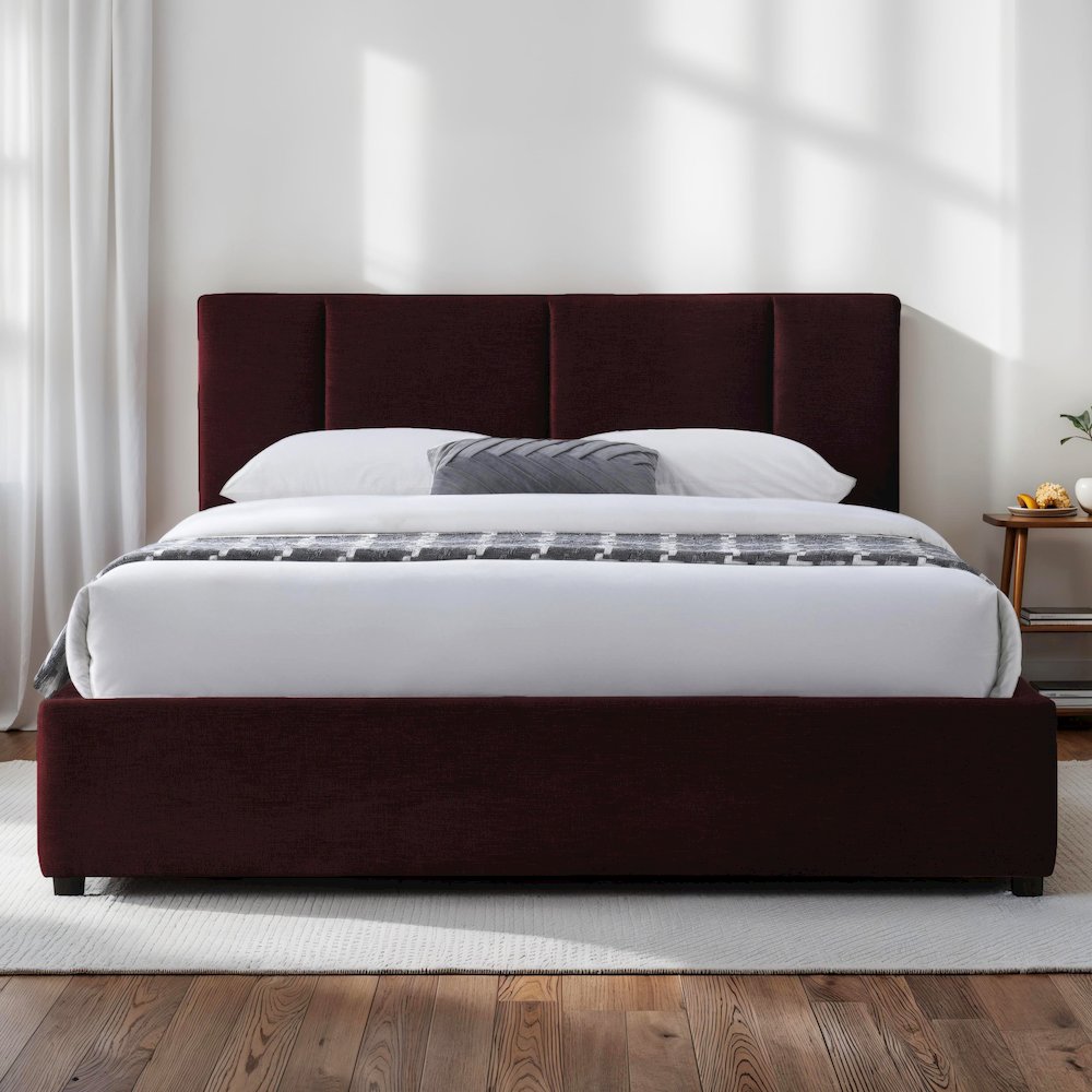 Venice Upholstered Platform Queen Bed in Burgundy Fabric