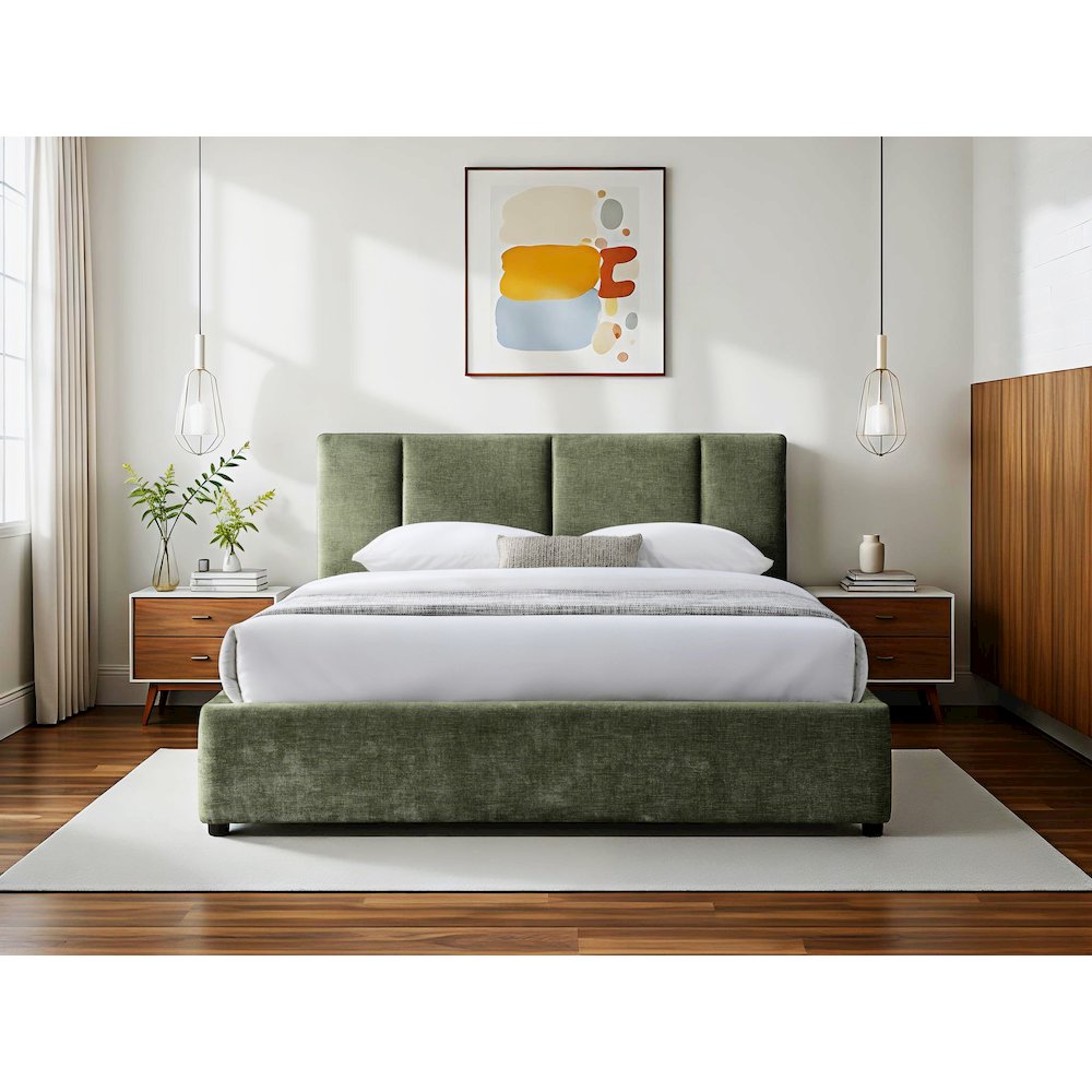 Venice Upholstered Platform Queen Bed in Moss Green Fabric