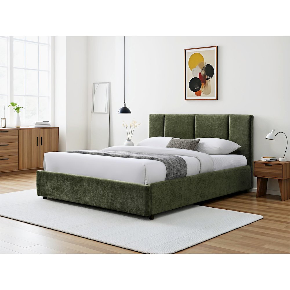 Venice Upholstered Platform Queen Bed in Moss Green Fabric