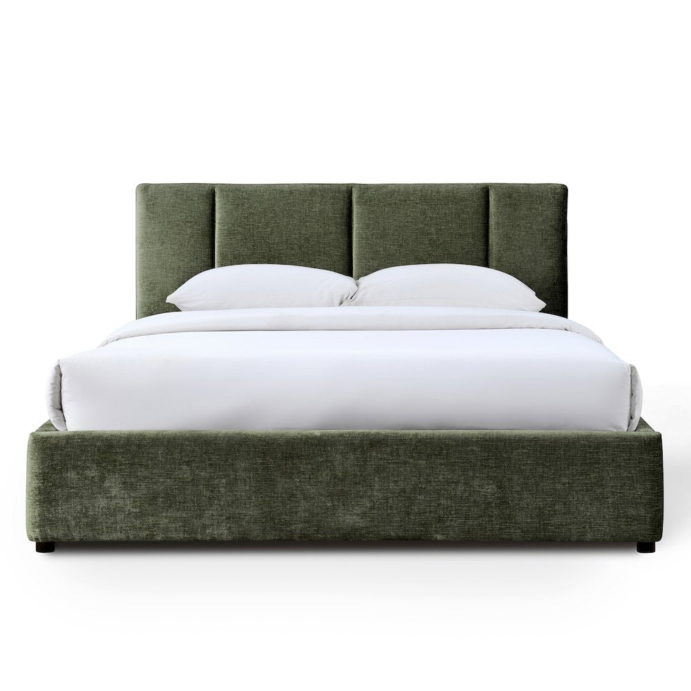 Venice Upholstered Platform Queen Bed in Moss Green Fabric