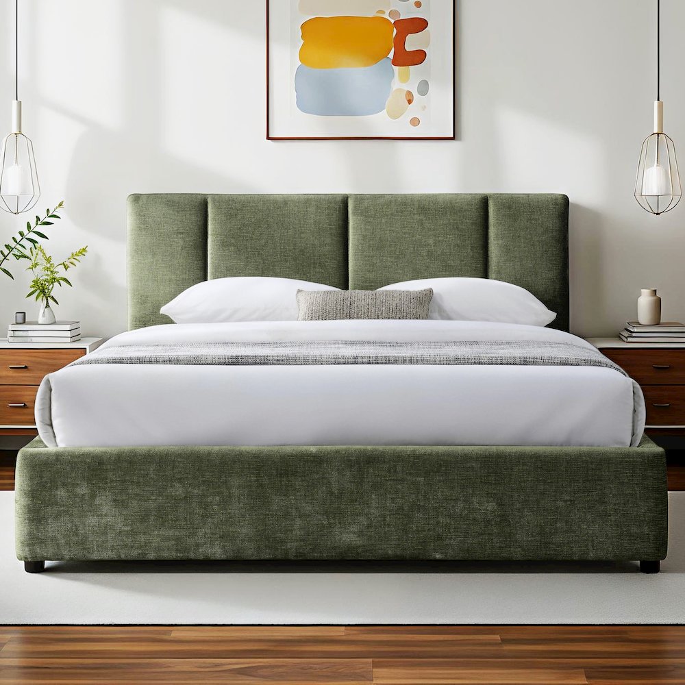 Venice Upholstered Platform Queen Bed in Moss Green Fabric