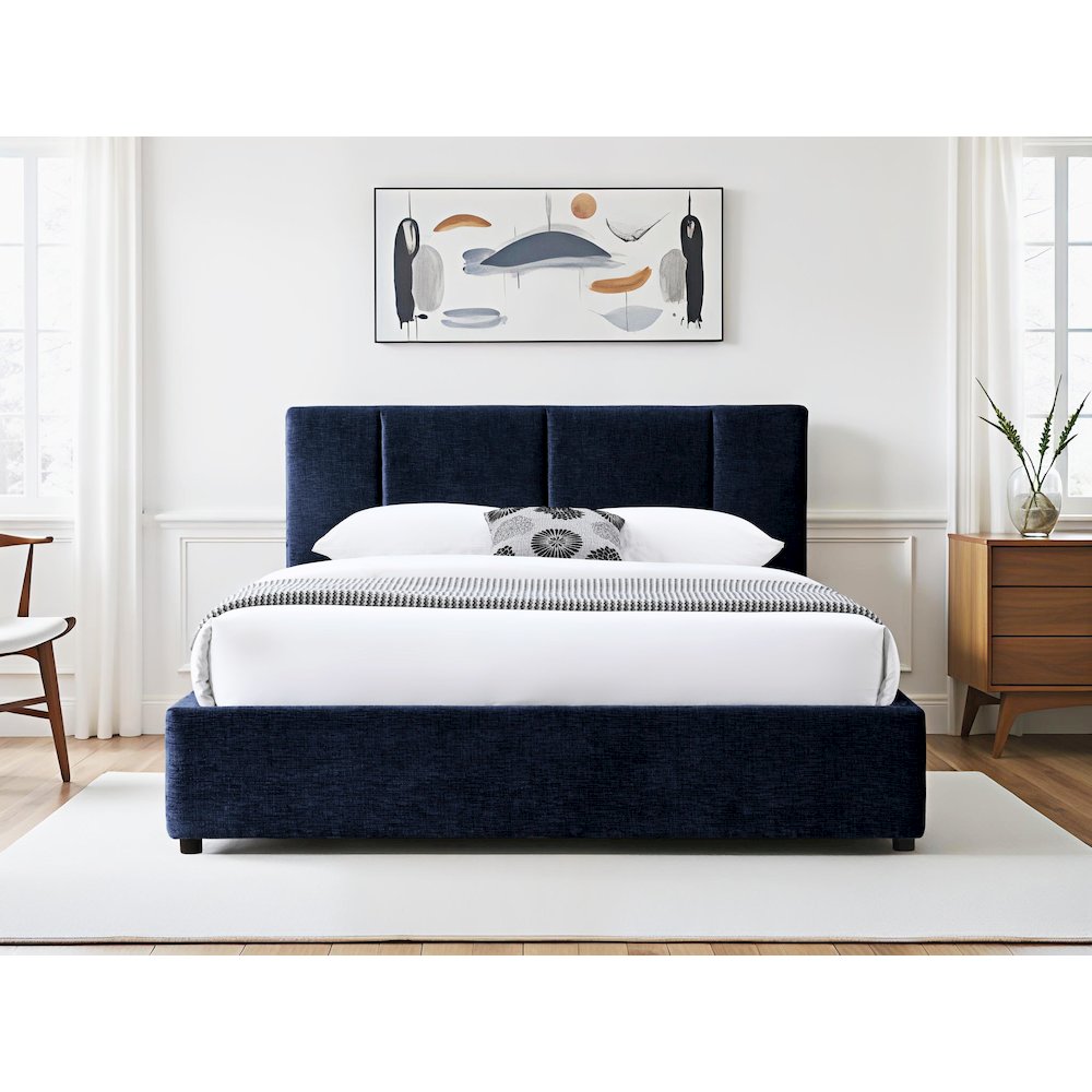 Venice Upholstered Platform Queen Bed in Blue Fabric