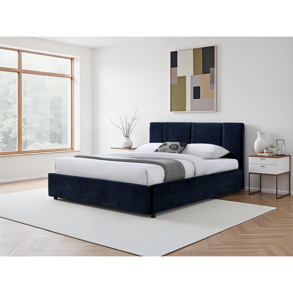 Venice Upholstered Platform Queen Bed in Blue Fabric