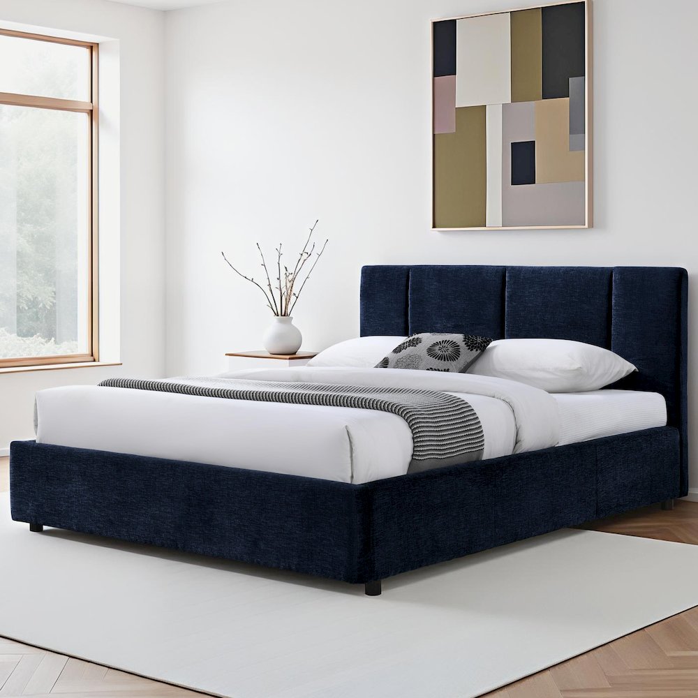 Venice Upholstered Platform Queen Bed in Blue Fabric