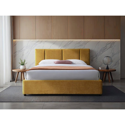 Venice Upholstered Platform Queen Bed in Gold Fabric