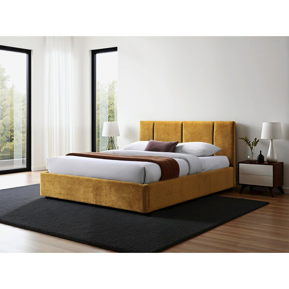Venice Upholstered Platform Queen Bed in Gold Fabric