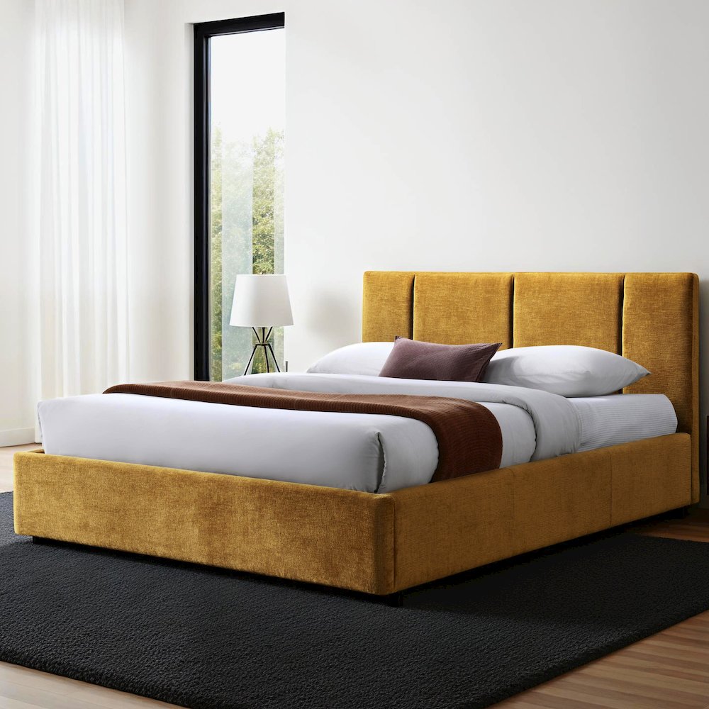 Venice Upholstered Platform Queen Bed in Gold Fabric