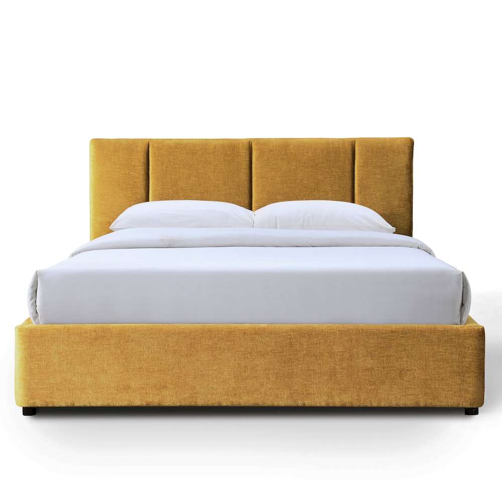 Venice Upholstered Platform Queen Bed in Gold Fabric