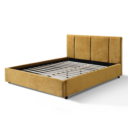 Venice Upholstered Platform Queen Bed in Gold Fabric