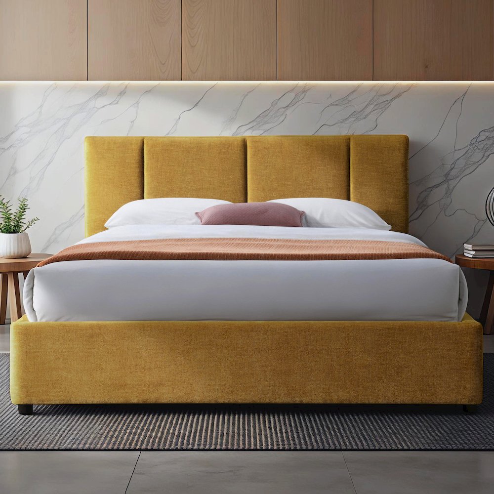 Venice Upholstered Platform Queen Bed in Gold Fabric