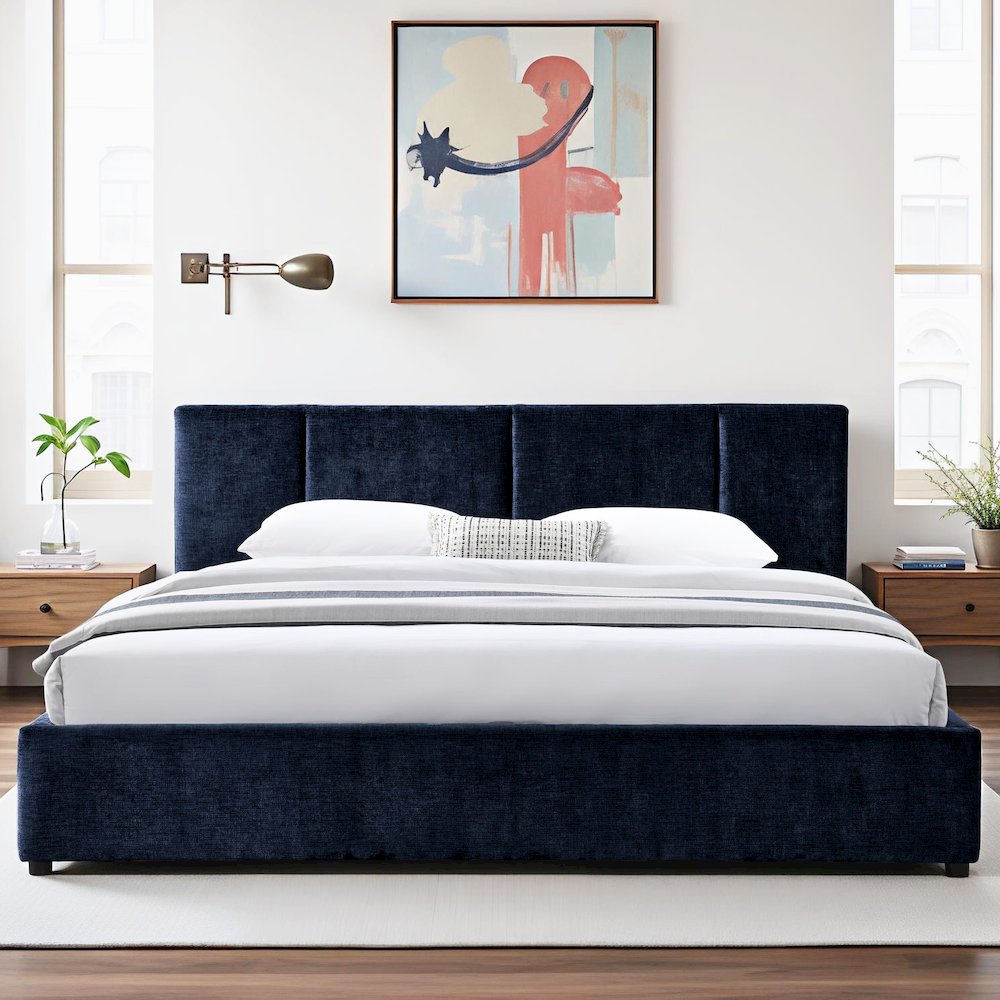 Venice Upholstered Platform King Bed in Blue Fabric
