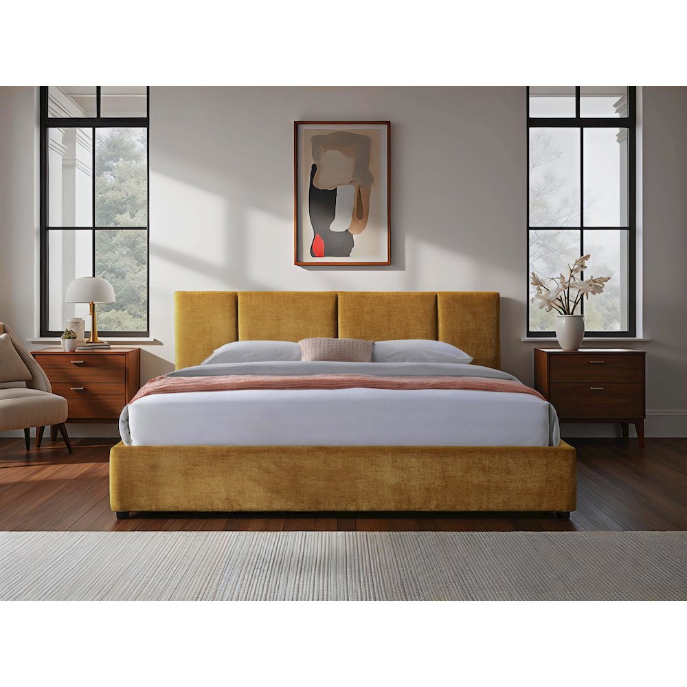Venice Upholstered Platform King Bed in Gold Fabric
