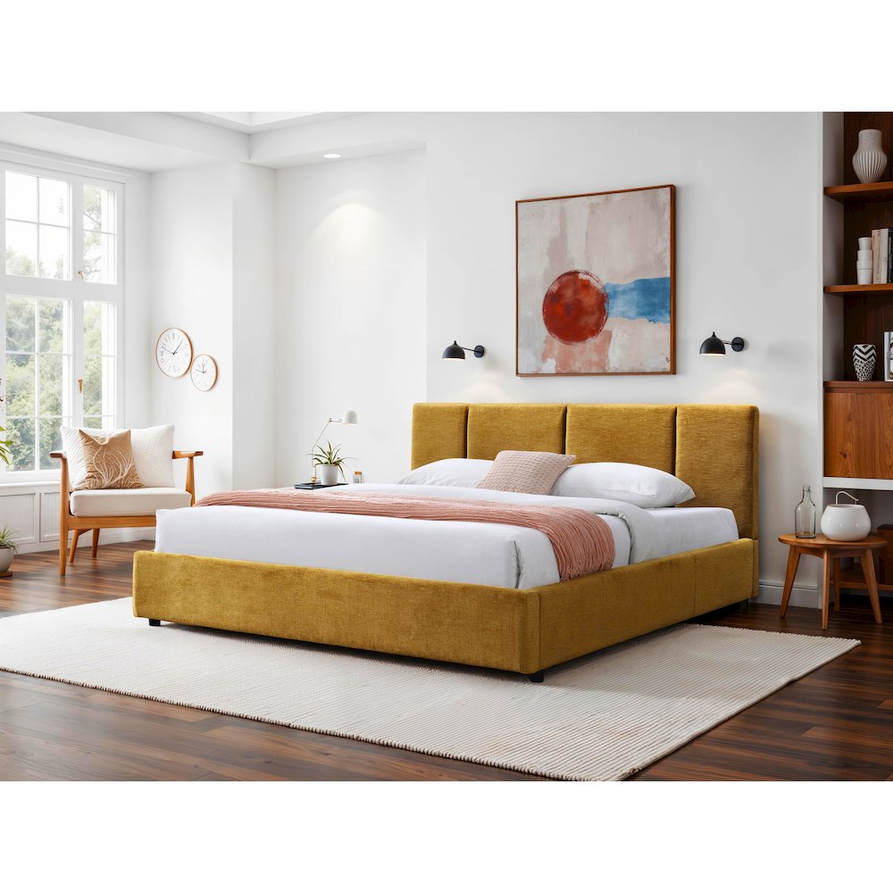 Venice Upholstered Platform King Bed in Gold Fabric
