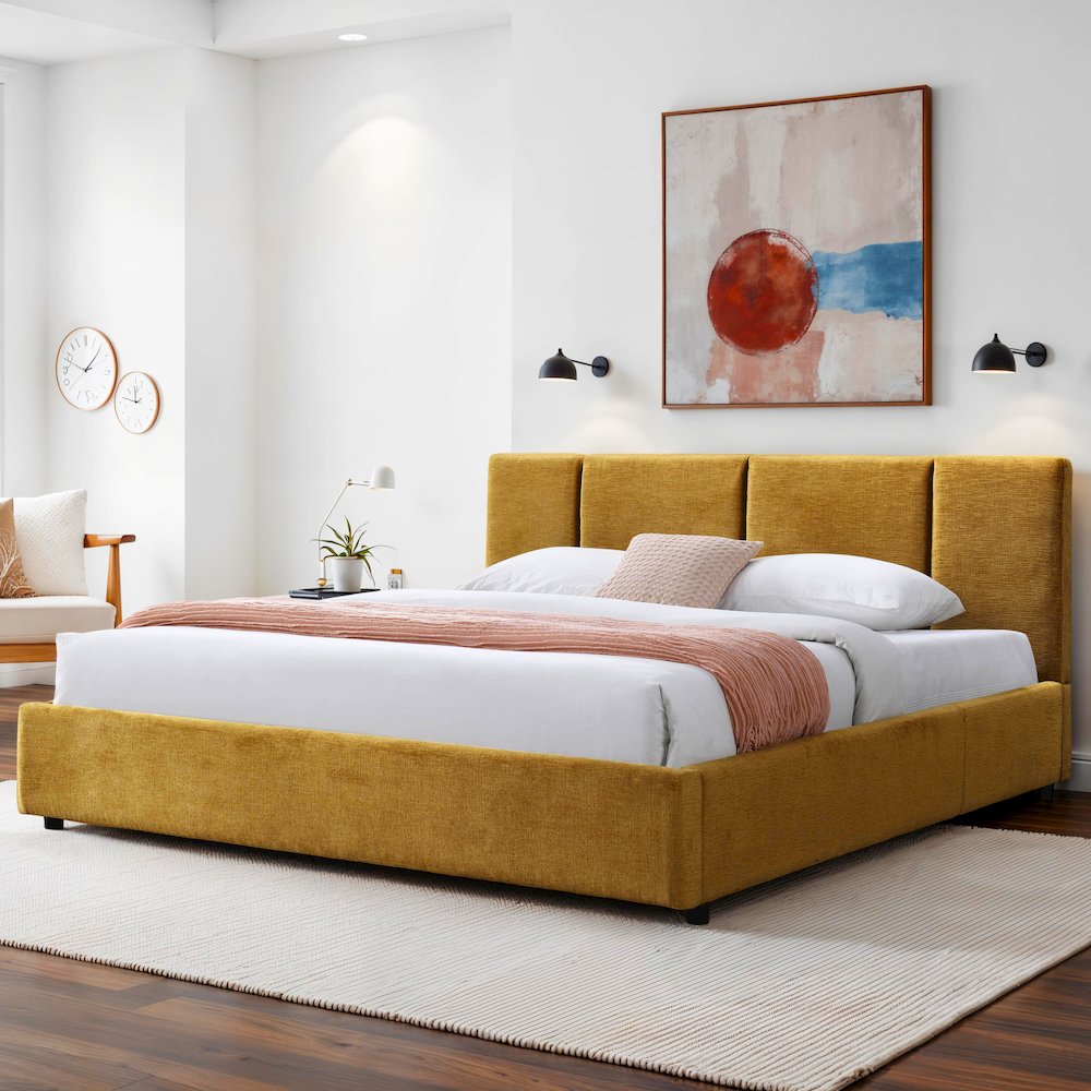 Venice Upholstered Platform King Bed in Gold Fabric