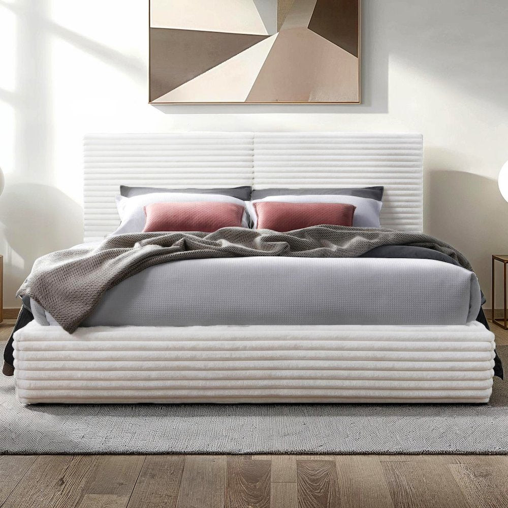 Lucia Fabric Upholstered Platform Queen Bed in White