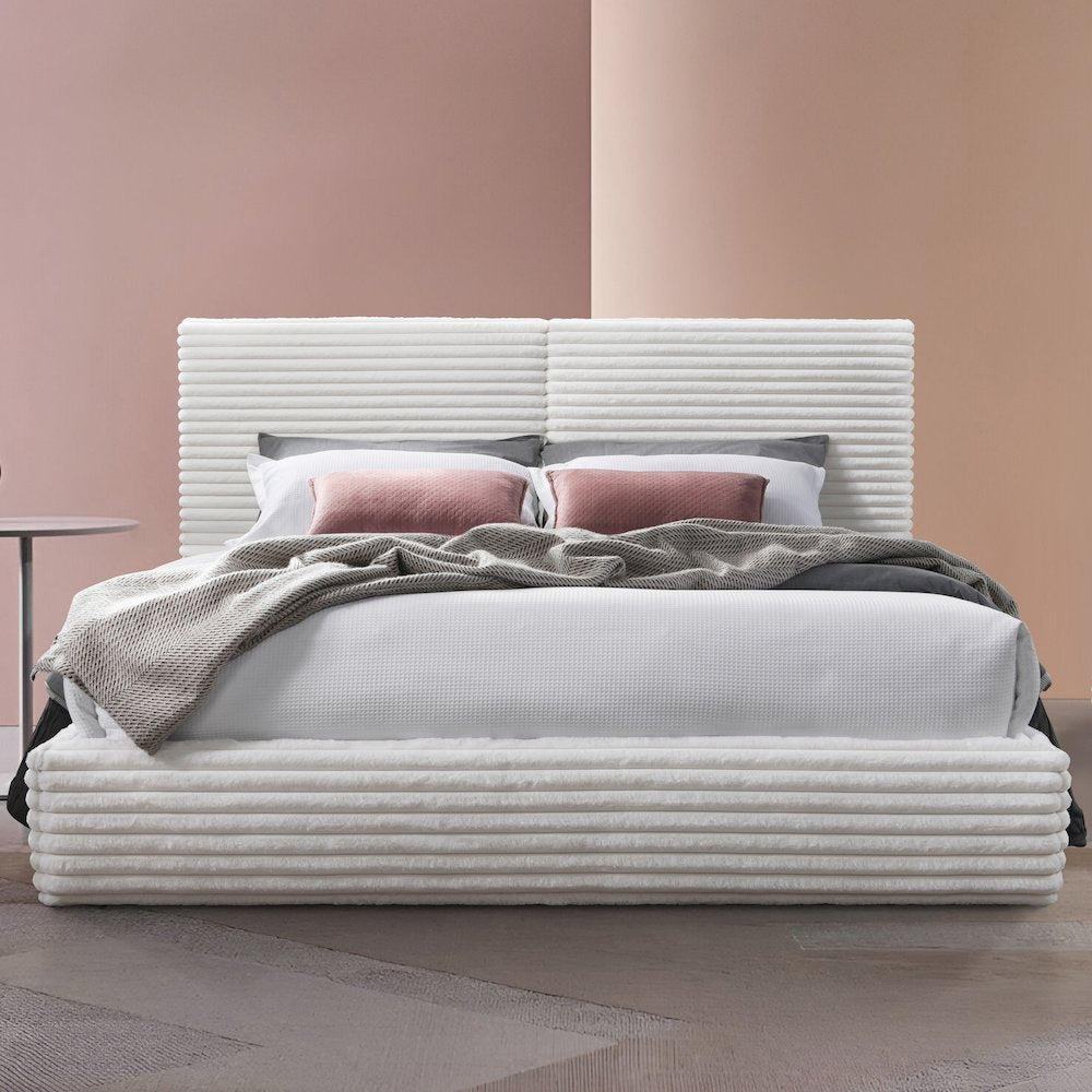 Lucia Fabric Upholstered Platform Queen Bed in White