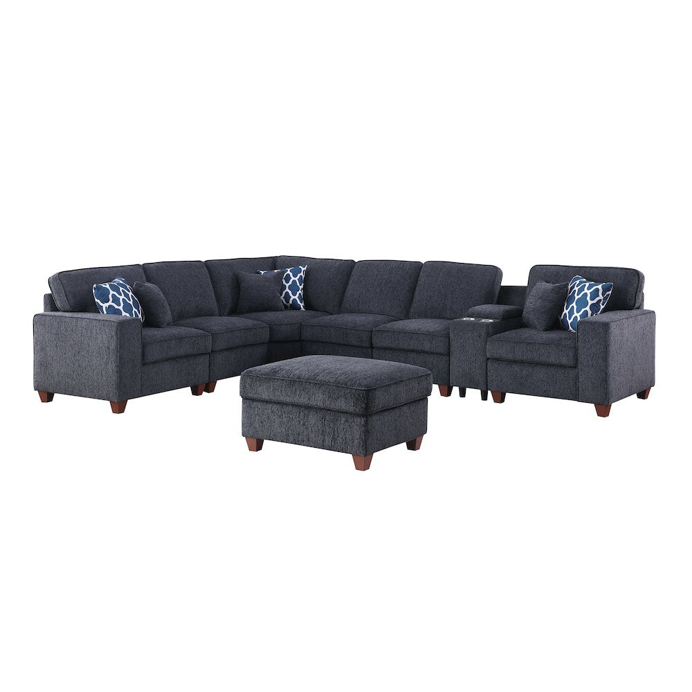 8 - Piece Chenille Fabric Upholstered Sectional With Console & Ottoman-Black