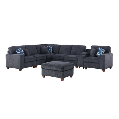 8 - Piece Chenille Fabric Upholstered Sectional With Console & Ottoman-Black