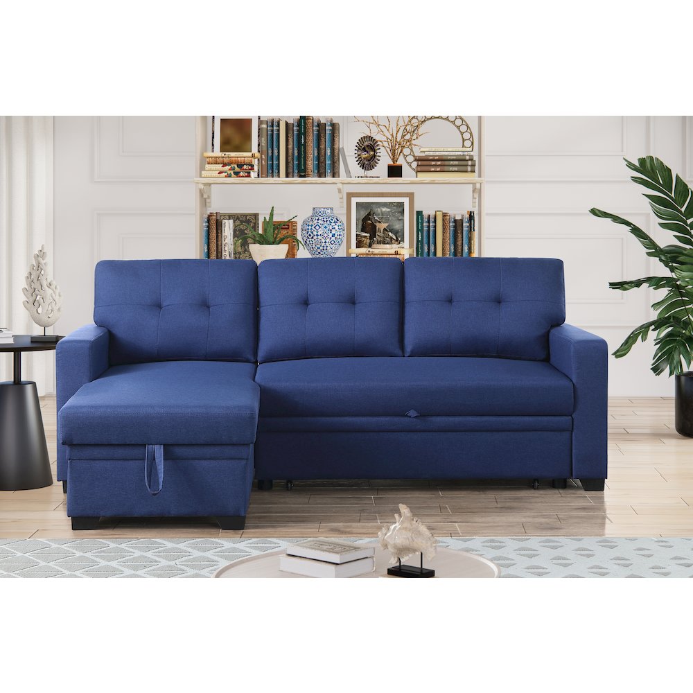 Devion Furniture Polyester Fabric Reversible Sleeper Sectional Sofa-Blue