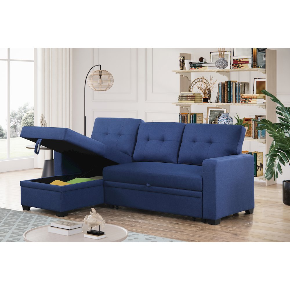 Devion Furniture Polyester Fabric Reversible Sleeper Sectional Sofa-Blue