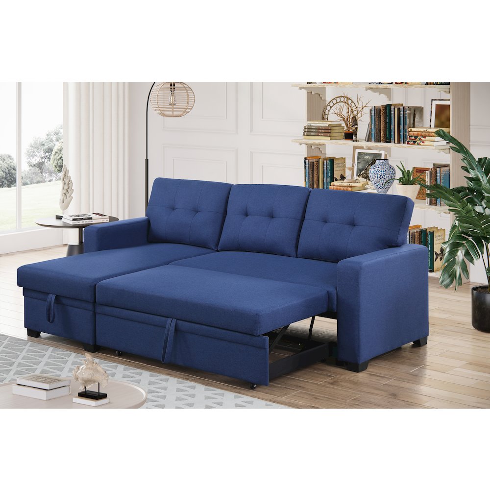 Devion Furniture Polyester Fabric Reversible Sleeper Sectional Sofa-Blue