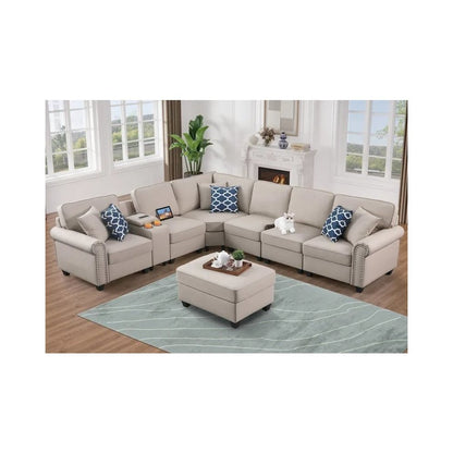 Artificial Leather Modular Sectional Sofa with ottoman and cupholder console