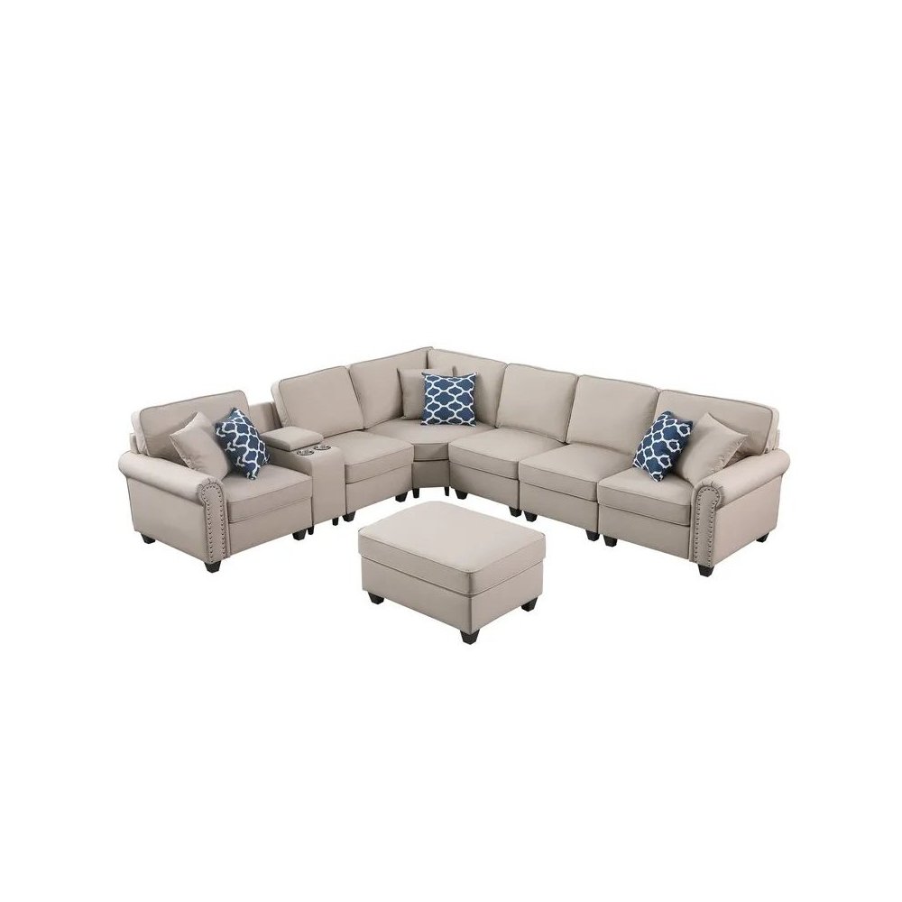 Artificial Leather Modular Sectional Sofa with ottoman and cupholder console