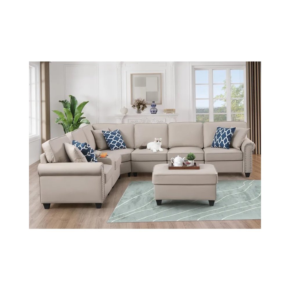 Artificial Leather Modular Sectional Sofa with ottoman and cupholder console