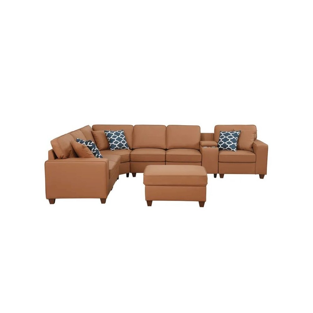 Artificial Leather Modular Sectional With Ottoman And Cupholder Console - Beige