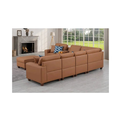 Artificial Leather Modular Sectional With Ottoman And Cupholder Console - Beige