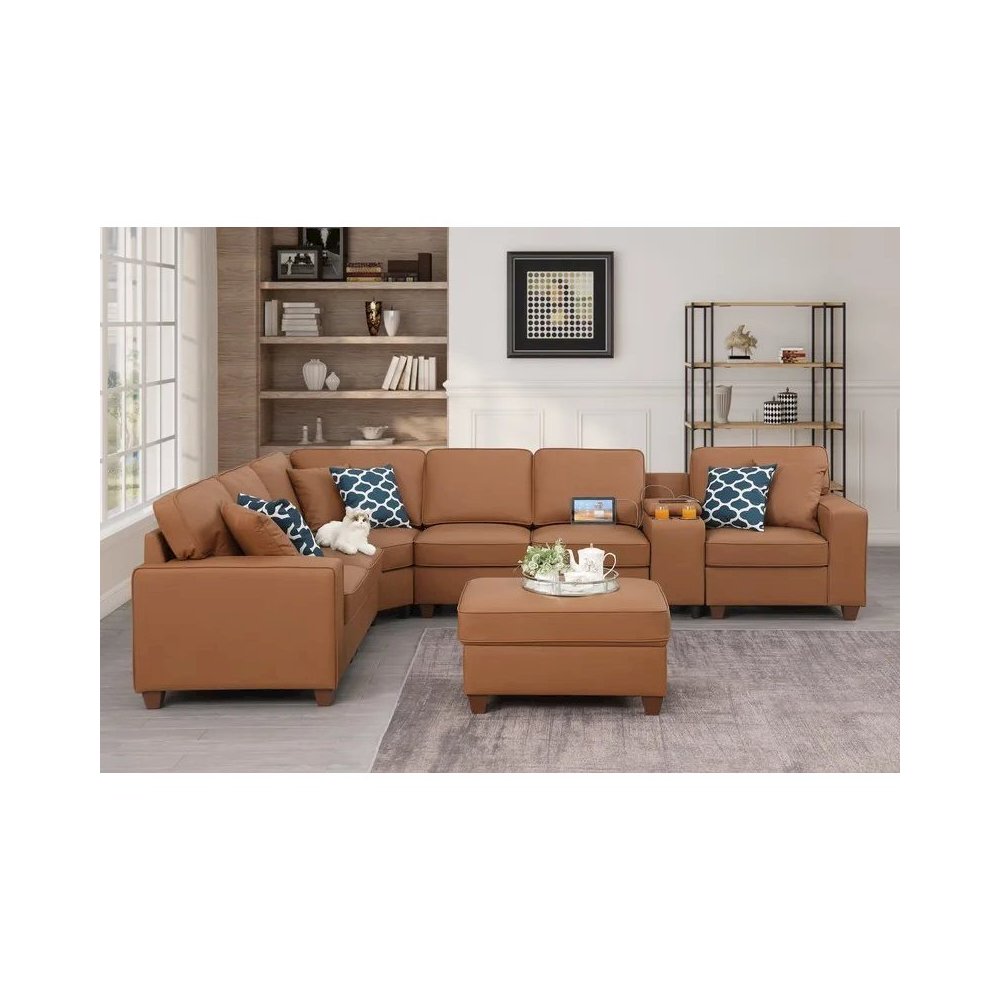 Artificial Leather Modular Sectional With Ottoman And Cupholder Console - Beige