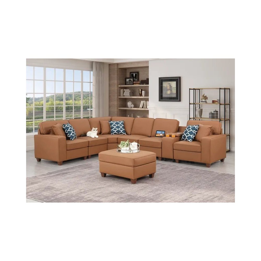 Artificial Leather Modular Sectional With Ottoman And Cupholder Console - Beige