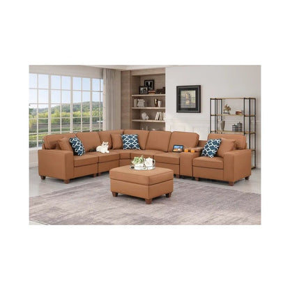 Artificial Leather Modular Sectional With Ottoman And Cupholder Console - Beige
