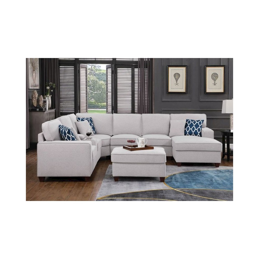 8-Piece Linen Fabric Upholstered Sectional With Console & Chaise-Light Gray