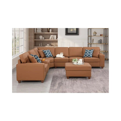 Artificial Leather Modular Sectional With Ottoman And Cupholder Console - Beige