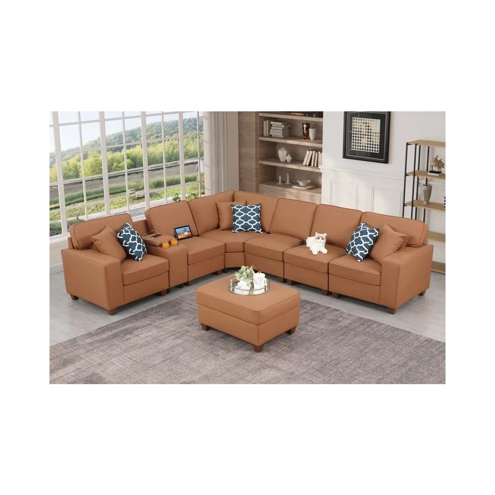 Artificial Leather Modular Sectional With Ottoman And Cupholder Console - Beige