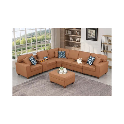 Artificial Leather Modular Sectional With Ottoman And Cupholder Console - Beige