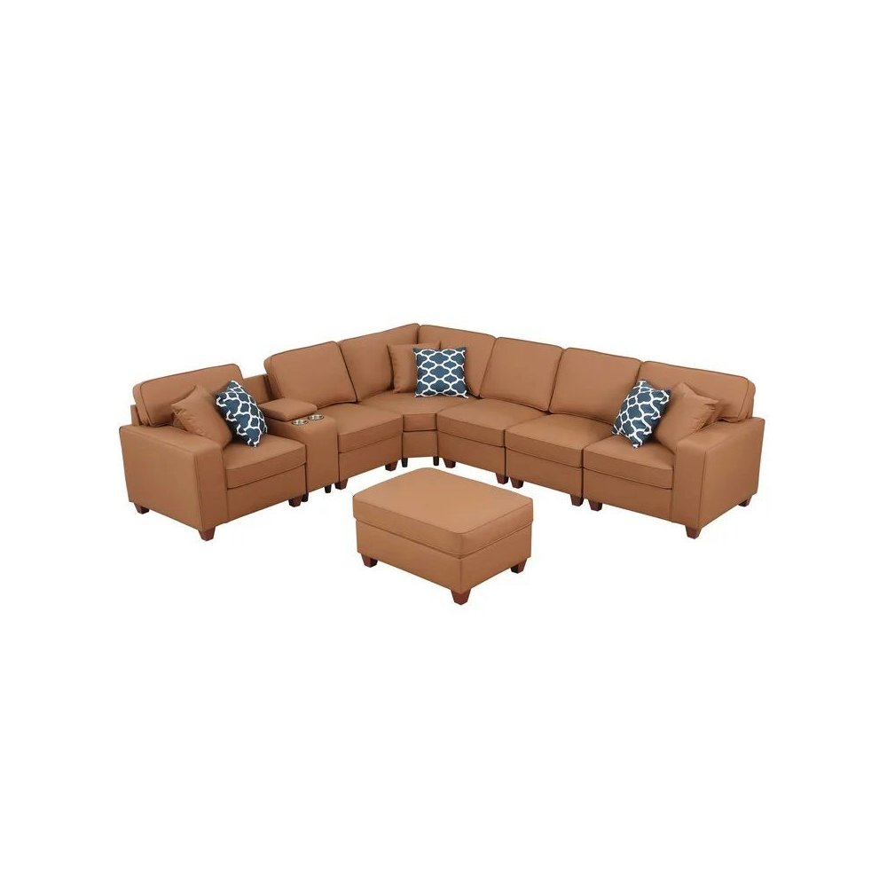 Artificial Leather Modular Sectional With Ottoman And Cupholder Console - Beige